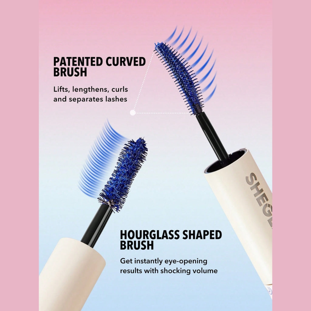 SHEGLAM All-In-One Volume & Length Mascara in Waterproof Blue with dual-ended brush for length and volume.
