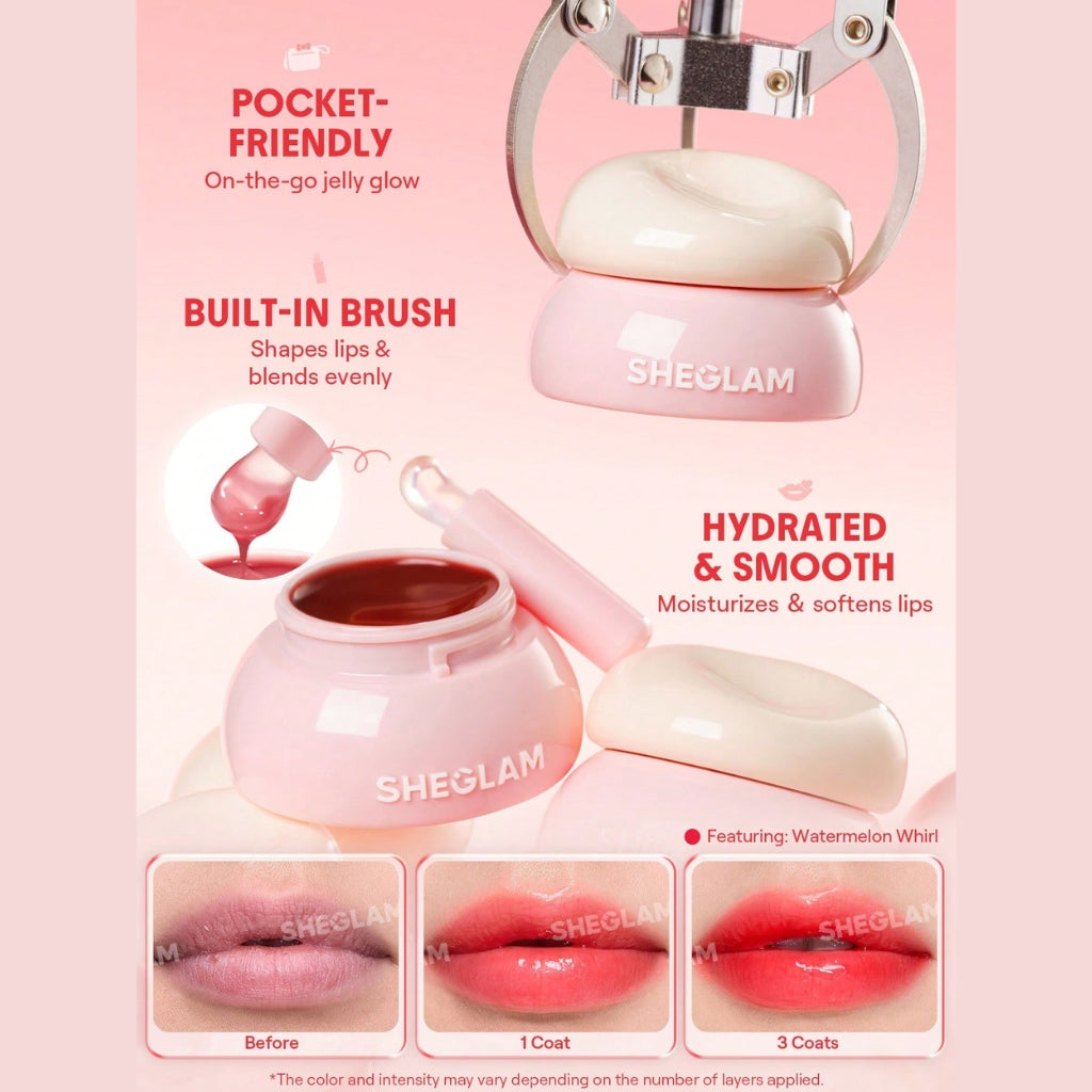SHEGLAM Hydra Jelly Pocket Lip Jam – Fig Flirt, fig-toned jelly lip balm in a compact tube with a glossy finish on a clean background.
