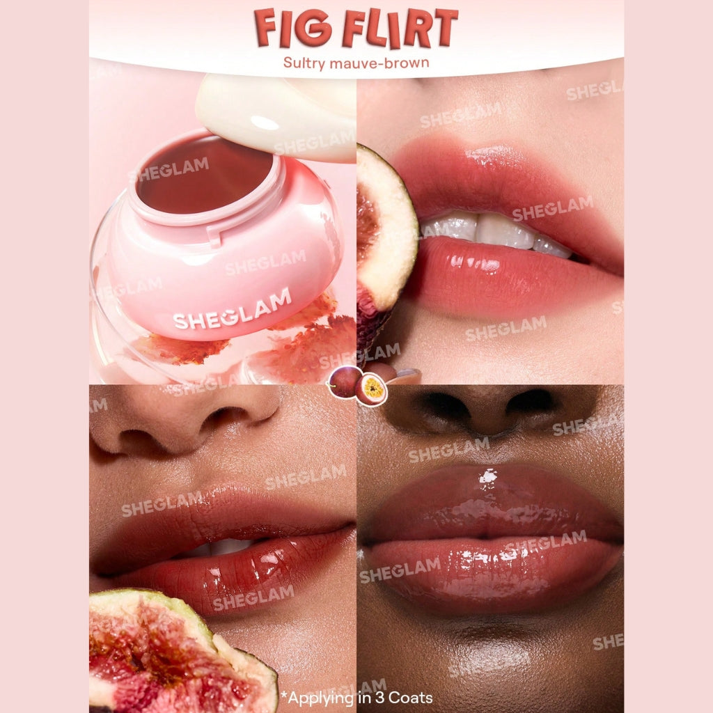SHEGLAM Hydra Jelly Pocket Lip Jam – Fig Flirt, fig-toned jelly lip balm in a compact tube with a glossy finish on a clean background.
