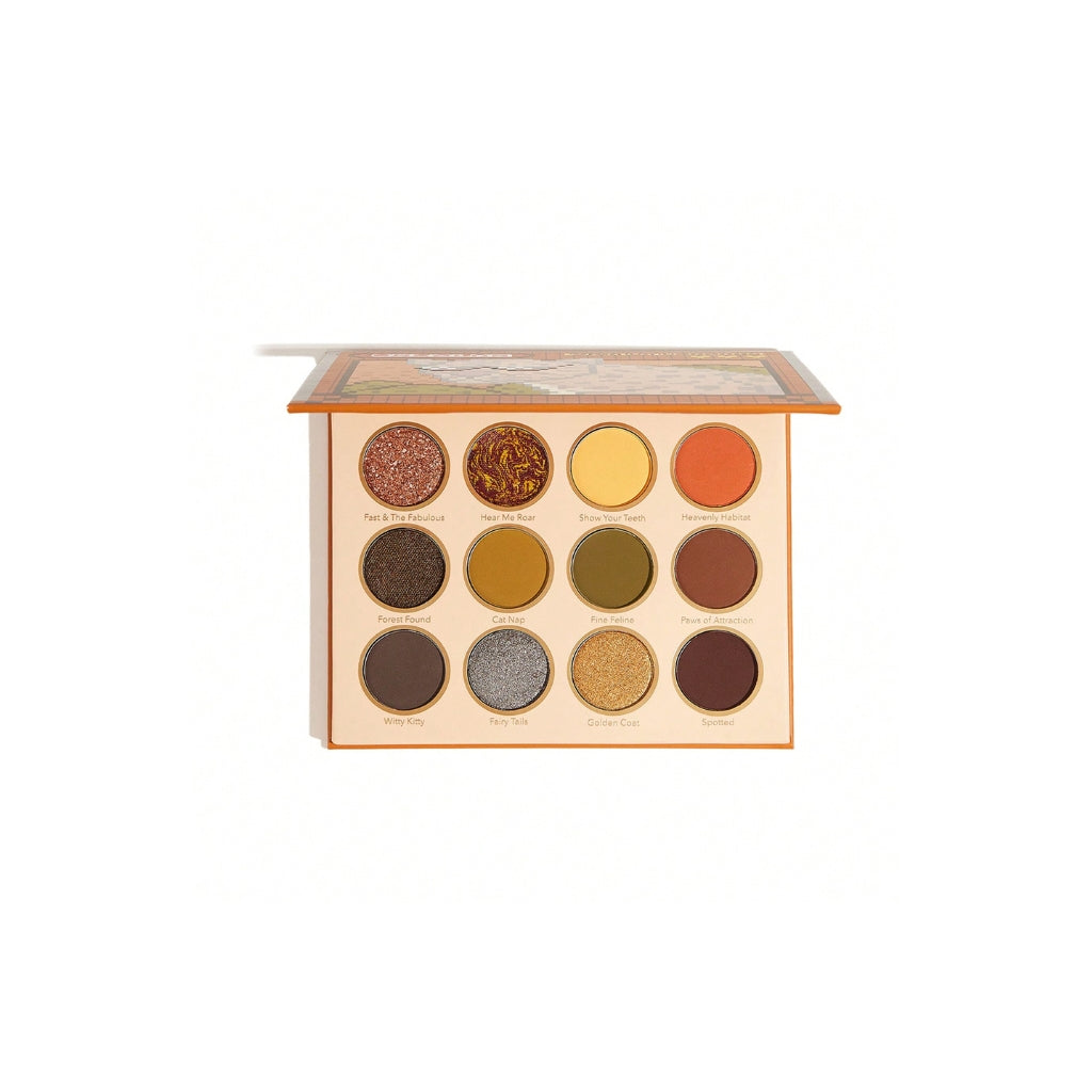 SHEGLAM Viva La Leopard Eyeshadow Palette with 12 brown, green and yellow shades in matte, shimmer and glitter finishes inside a leopard-inspired compact.
