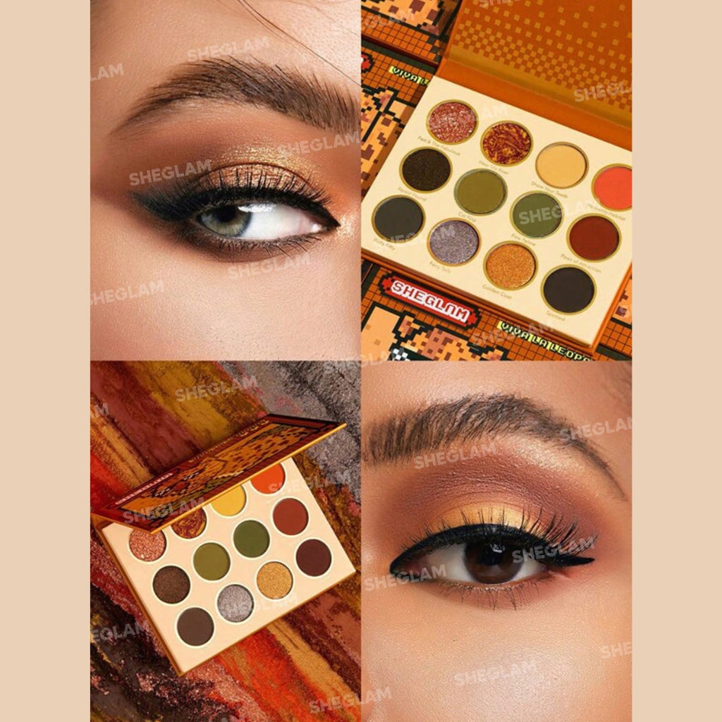 SHEGLAM Viva La Leopard Eyeshadow Palette with 12 brown, green and yellow shades in matte, shimmer and glitter finishes inside a leopard-inspired compact.
