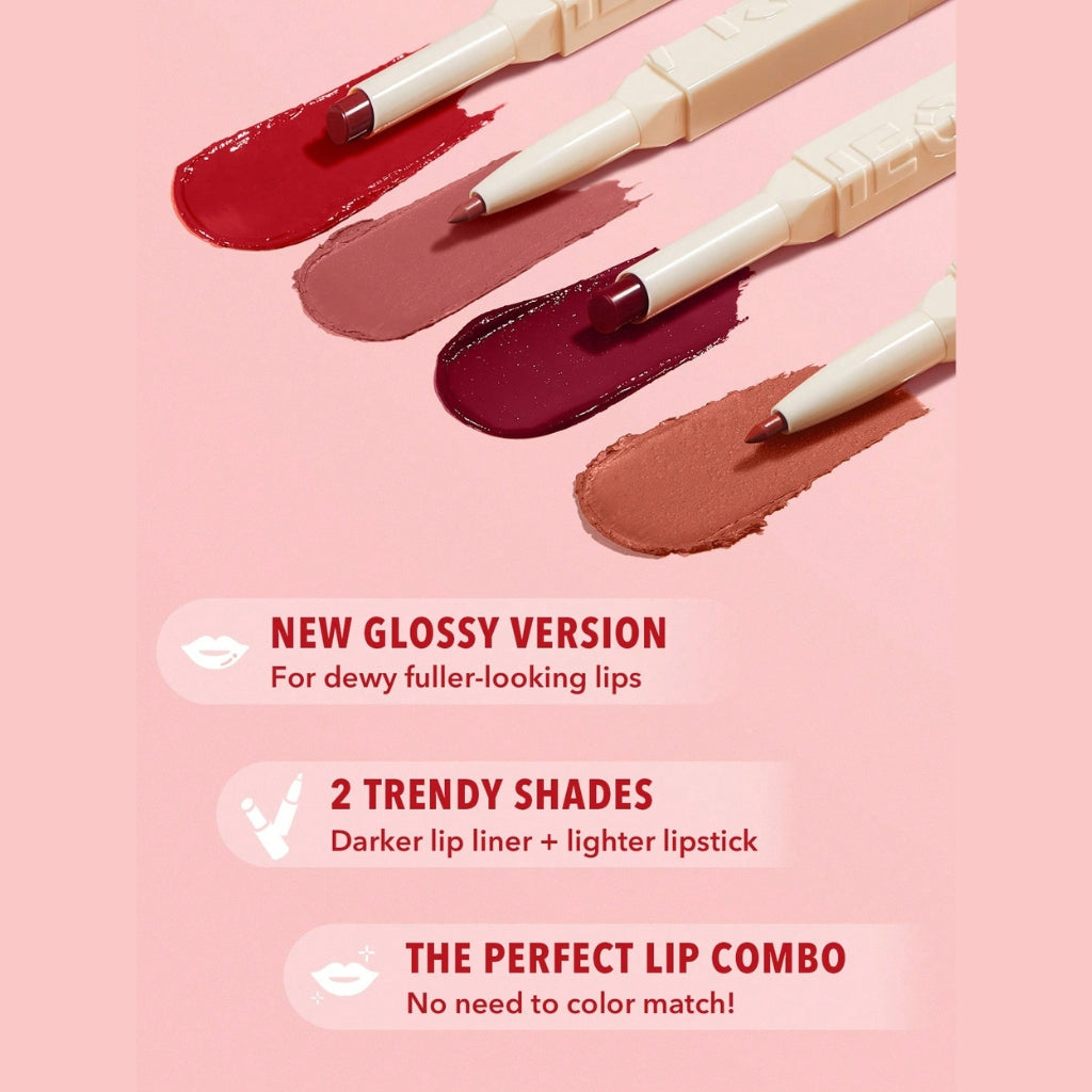 SHEGLAM Glam 101 Sheer Tinted Lipstick & Liner Duo – Strawberry Sorbet, glossy strawberry-pink lipstick and matching lip liner on a clean background.
