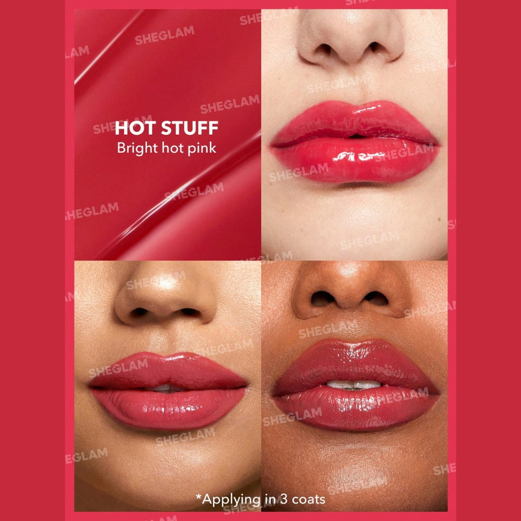 SHEGLAM Pout-Perfect Shine Lip Plumper Hot Stuff solid gloss stick with coconut oil for high-shine lips.
