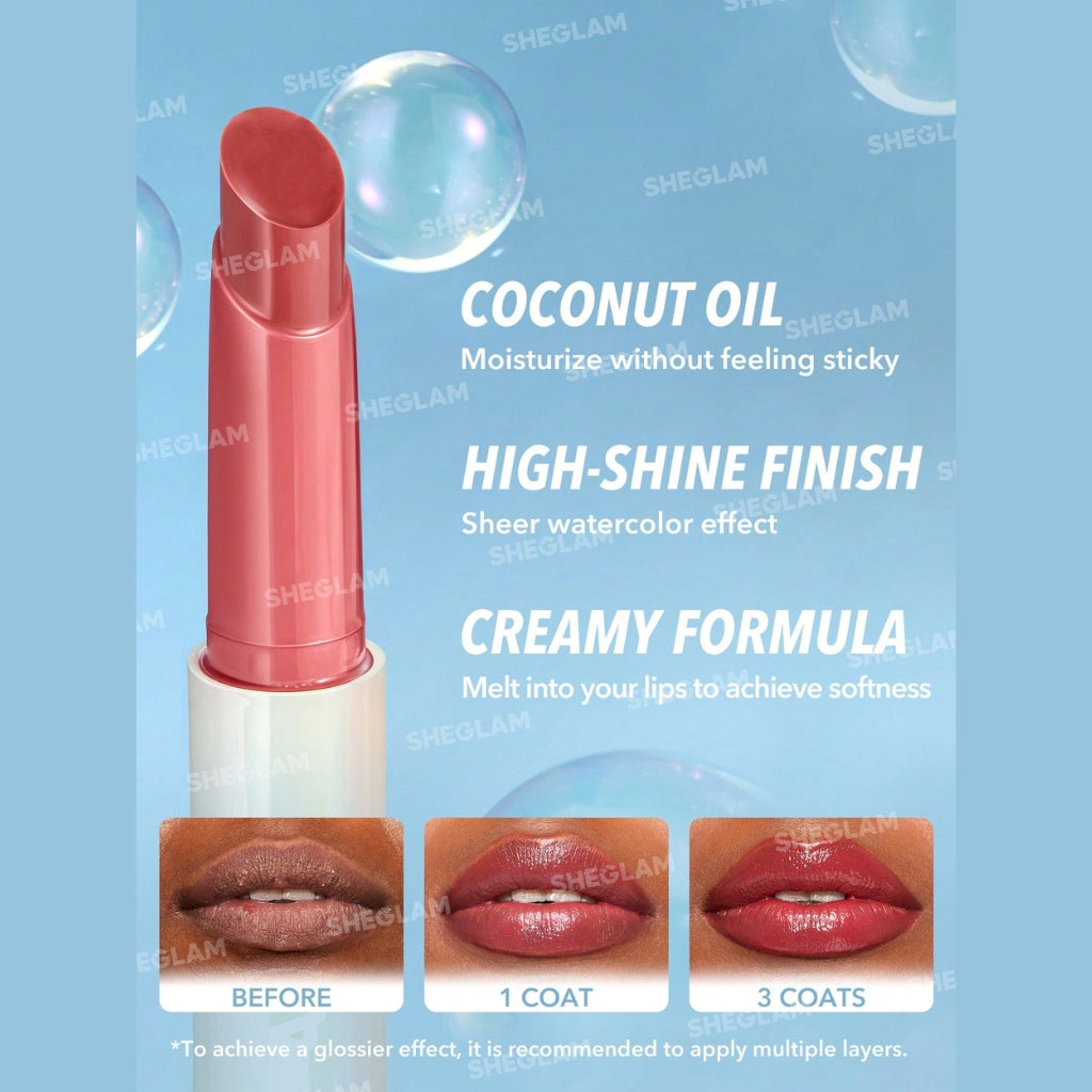 SHEGLAM Pout-Perfect Shine Lip Plumper Hot Stuff solid gloss stick with coconut oil for high-shine lips.
