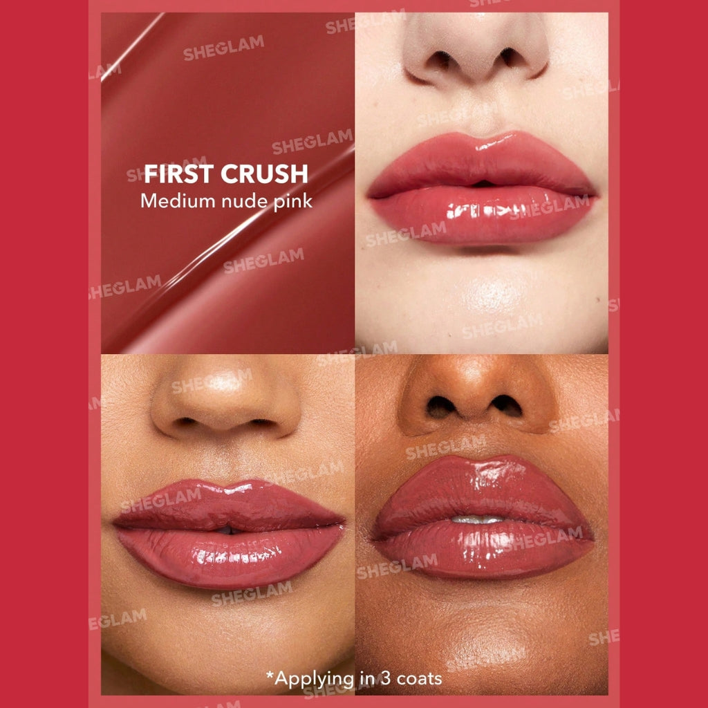 SHEGLAM Pout-Perfect Shine Lip Plumper First Crush solid gloss stick with high-shine finish.
