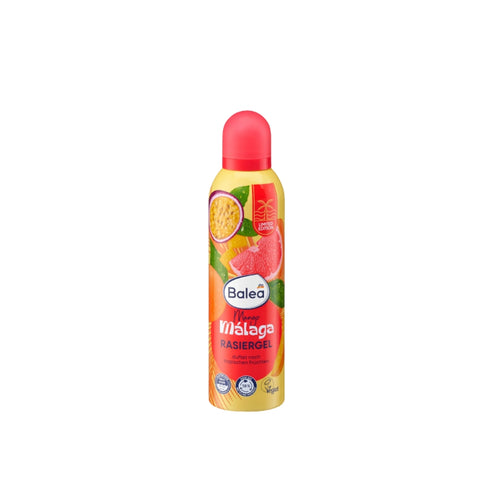 Balea Mango Málaga Shaving Gel Limited Edition 200ml with tropical fruit scent, vegan alcohol-free shaving gel for smooth body shaving.
