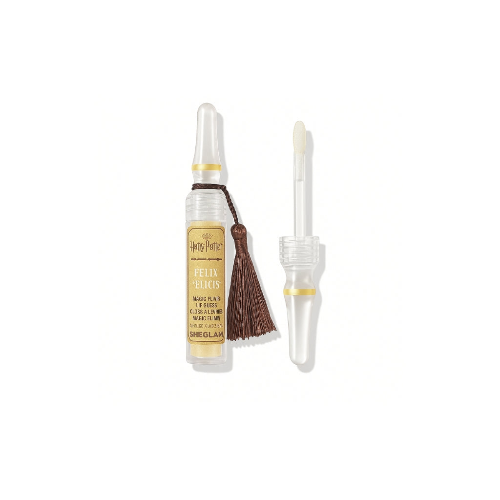 SHEGLAM Harry Potter Magic Elixir Lip Gloss in Felix Felicis shade (Liquid Luck Gold), sparkling gold high-shine lip gloss tube.
