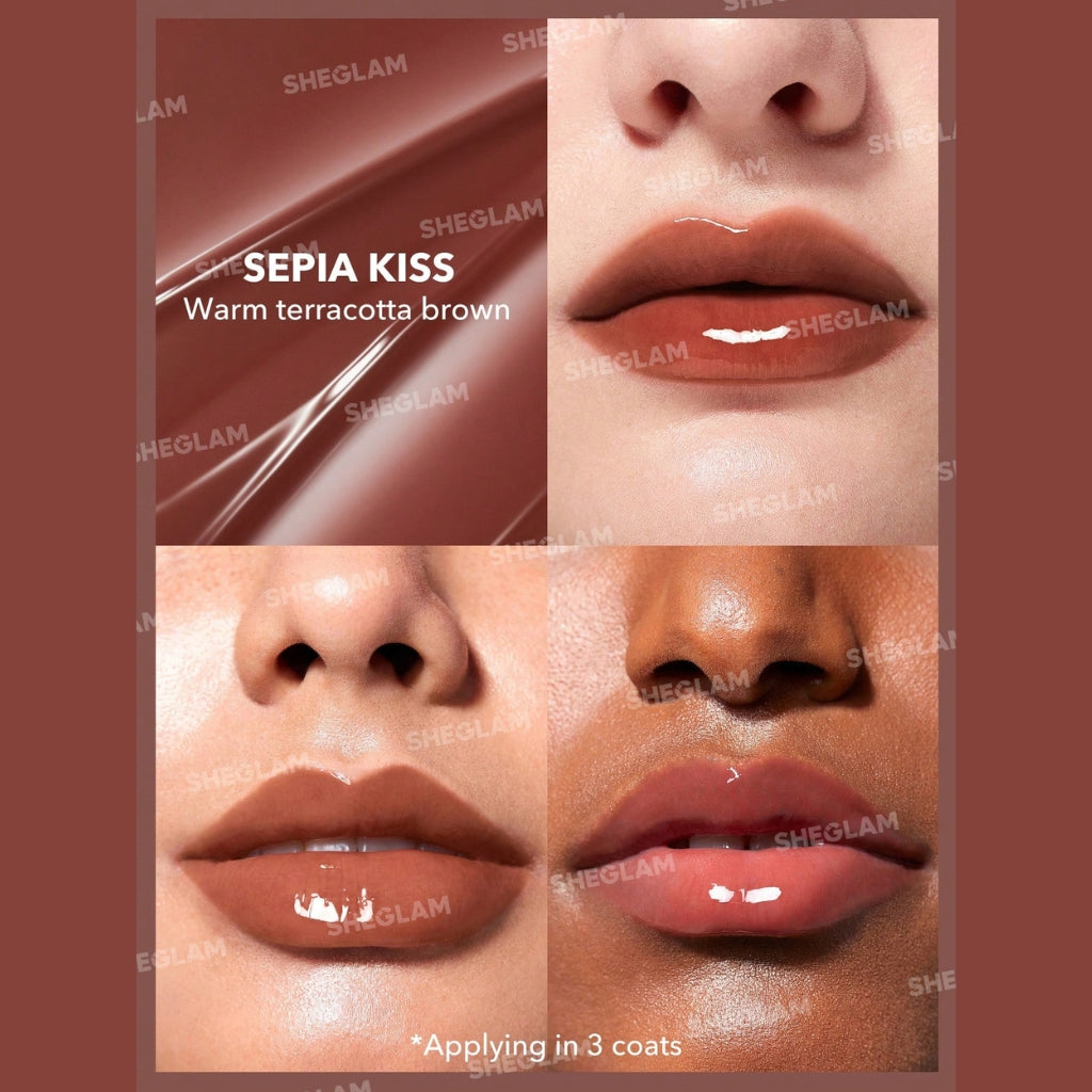 SHEGLAM Pout-Perfect Shine Lip Plumper Sepia Kiss solid gloss stick with high-shine finish.
