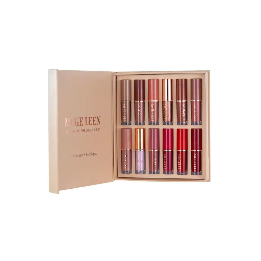 MUGE LEEN Thanks For The Love Lip Set with 12 assorted matte lipstick shades in a gift box
