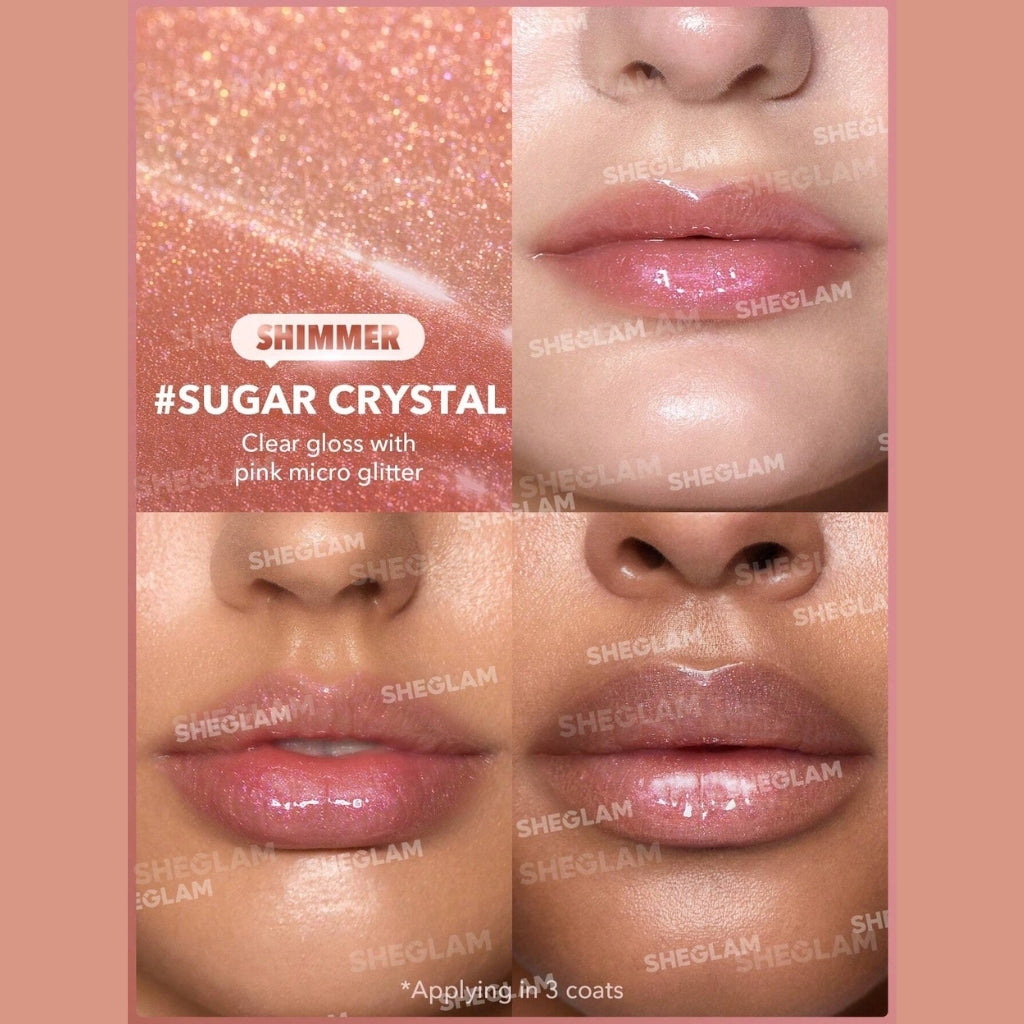 SHEGLAM Pout-Perfect Shimmer Lip Plumper in Sugar Crystal, solid glitter lip gloss stick on a clean background.
