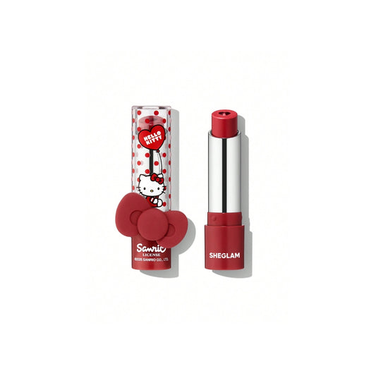 Hello Kitty x SHEGLAM Be My Baby Hydrating Lipstick in Love Letter shade with heart-core bullet and cute ring detail.
