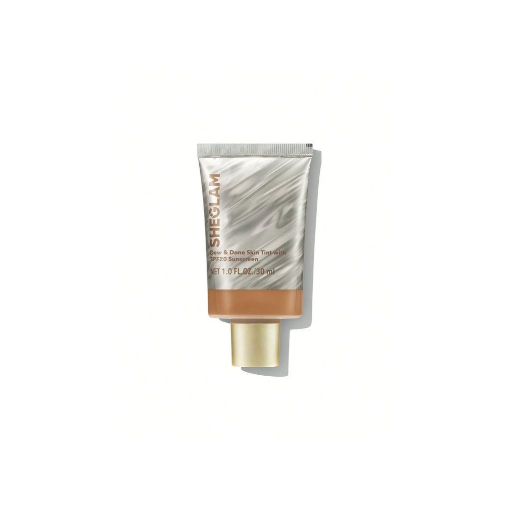 SHEGLAM Dew & Done Skin Tint with SPF20 in Almond shade, dewy light-to-medium coverage skin tint tube on a clean background.
