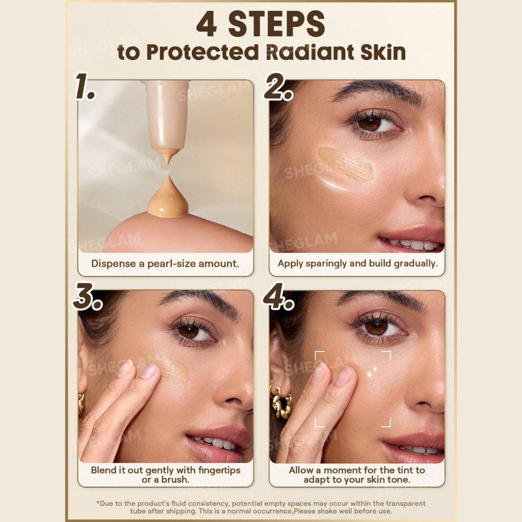 SHEGLAM Dew & Done Skin Tint with SPF20 in Almond shade, dewy light-to-medium coverage skin tint tube on a clean background.
