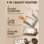 SHEGLAM Dew & Done Skin Tint with SPF20 in Almond shade, dewy light-to-medium coverage skin tint tube on a clean background.
