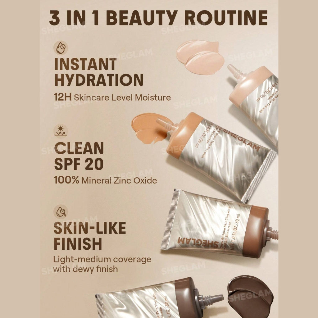SHEGLAM Dew & Done Skin Tint with SPF20 in Almond shade, dewy light-to-medium coverage skin tint tube on a clean background.
