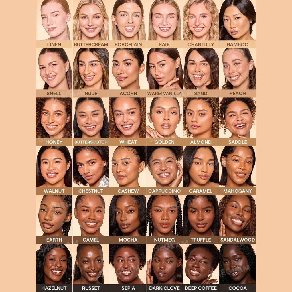 SHEGLAM Dew & Done Skin Tint with SPF20 in Almond shade, dewy light-to-medium coverage skin tint tube on a clean background.

