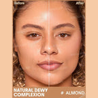 SHEGLAM Dew & Done Skin Tint with SPF20 in Almond shade, dewy light-to-medium coverage skin tint tube on a clean background.
