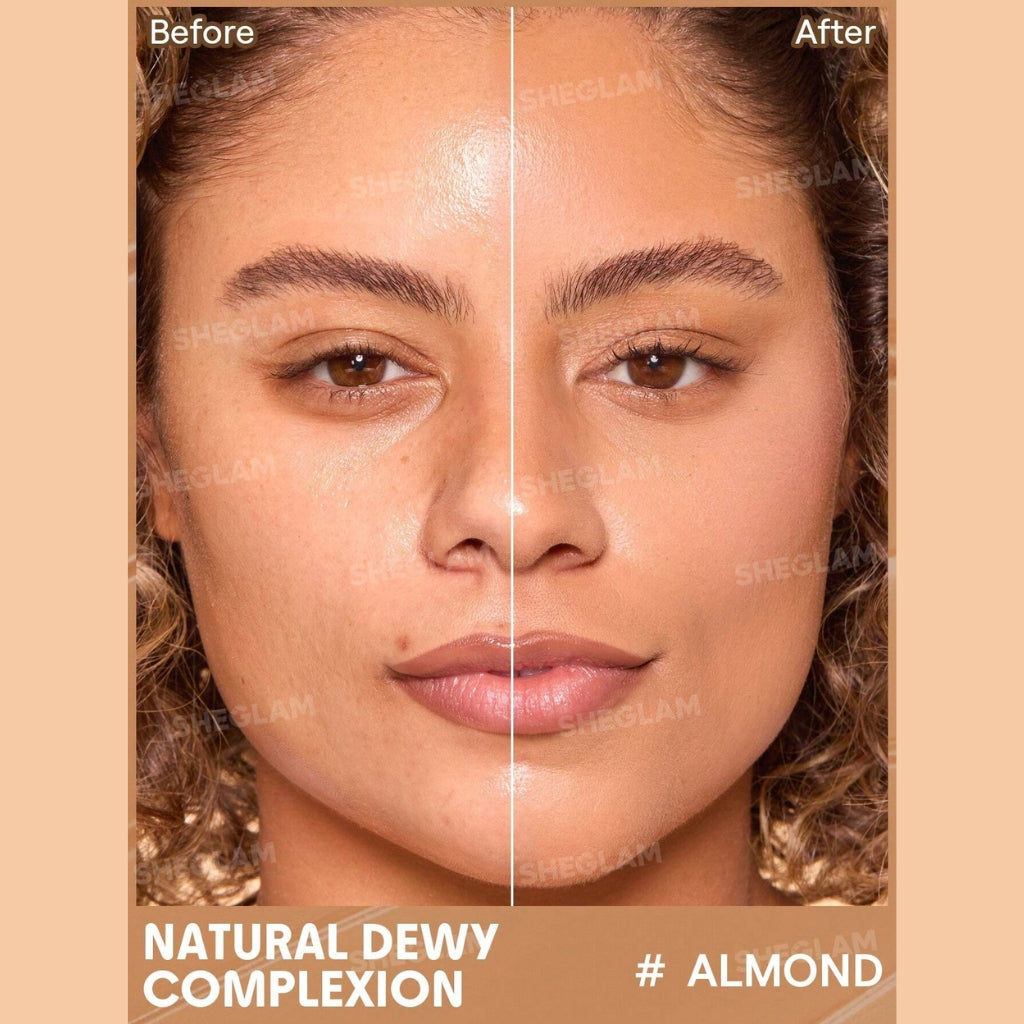SHEGLAM Dew & Done Skin Tint with SPF20 in Almond shade, dewy light-to-medium coverage skin tint tube on a clean background.
