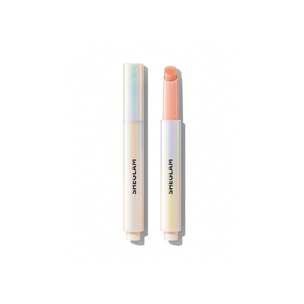 SHEGLAM Pout-Perfect Shimmer Lip Plumper in Sugar Crystal, solid glitter lip gloss stick on a clean background.
