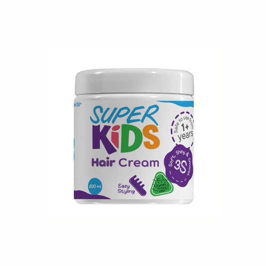 Super Kids Hair Cream 200ml jar with nourishing gentle formula for children’s hair, enriched with natural oils and vitamins for soft, shiny results
