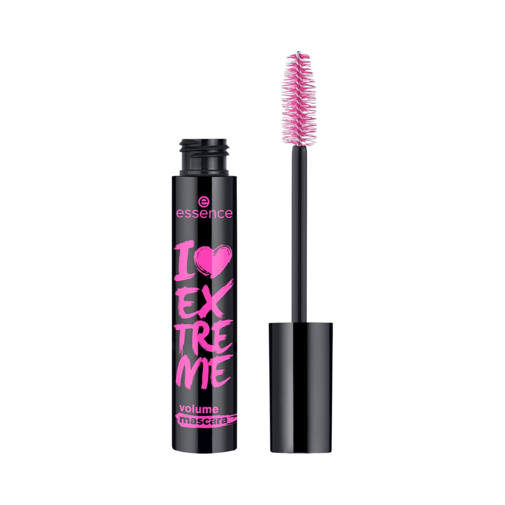 essence I LOVE EXTREME Volume Mascara with extra-large fibre brush, ultra-black pigments for bold dramatic lashes and extreme volume

