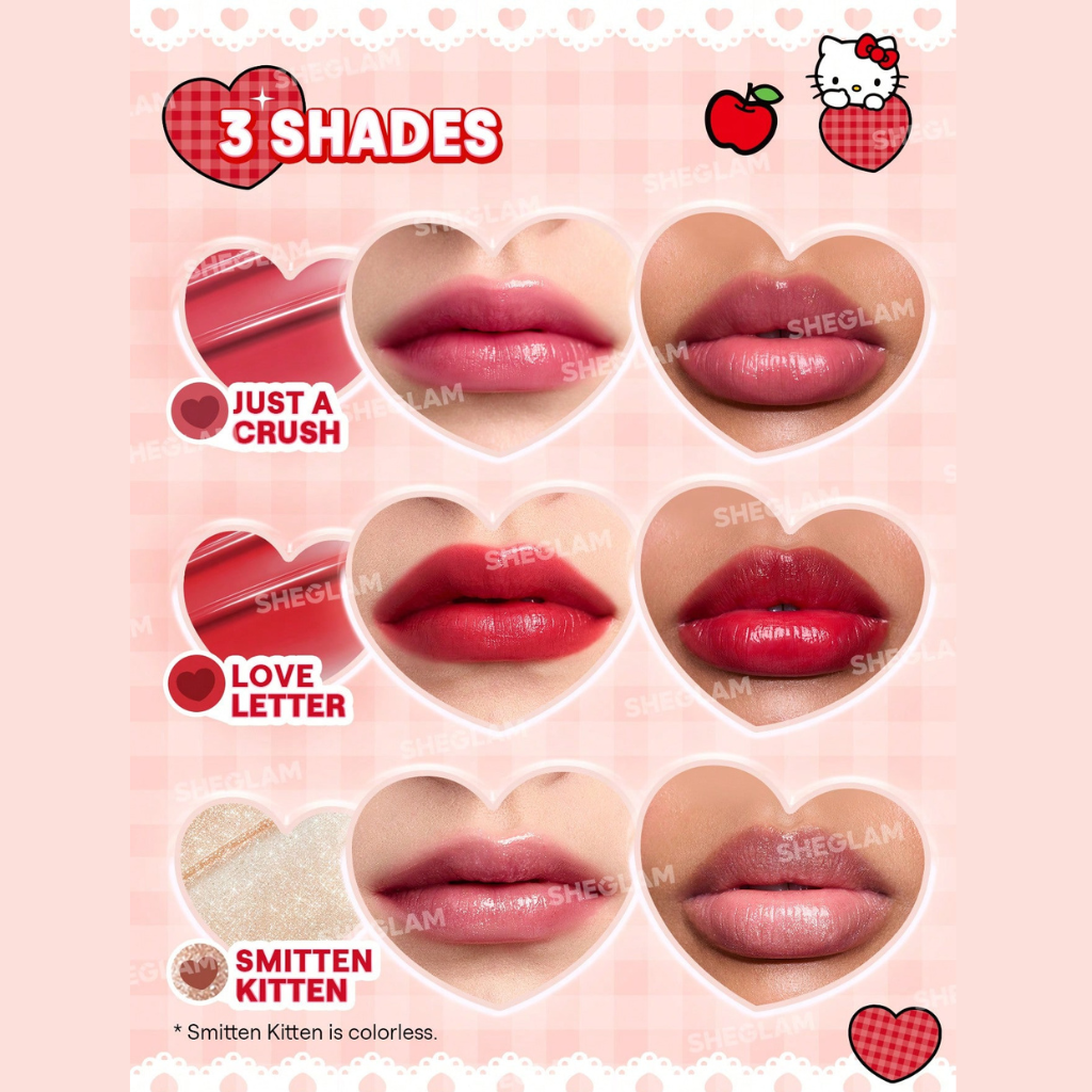 Hello Kitty｜SHEGLAM Be My Baby Hydrating Lipstick – Love Letter in red shade with moisturizing heart core, Shea Butter, Squalane, and collectible Hello Kitty ring packaging
