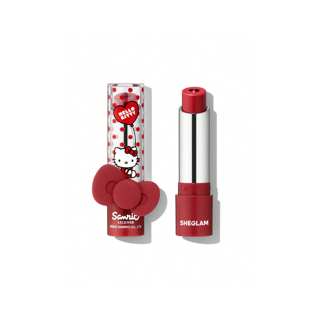 Hello Kitty｜SHEGLAM Be My Baby Hydrating Lipstick – Love Letter in red shade with moisturizing heart core, Shea Butter, Squalane, and collectible Hello Kitty ring packaging
