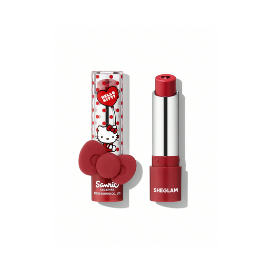 Hello Kitty｜SHEGLAM Be My Baby Hydrating Lipstick – Love Letter in red shade with moisturizing heart core, Shea Butter, Squalane, and collectible Hello Kitty ring packaging

