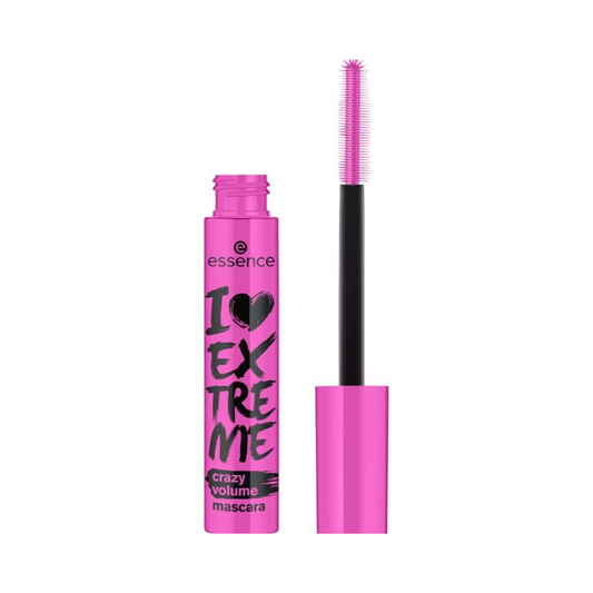 essence I LOVE EXTREME Crazy Volume Mascara with extra-large plastic brush, deep-black creamy texture for bold lashes and extreme volume
