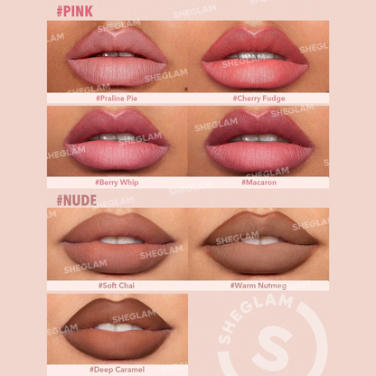 SHEGLAM Glam 101 Lipstick & Liner Duo – Praline Pie in matching nude shade, matte lipstick and smooth lip liner set for bold, defined lips
