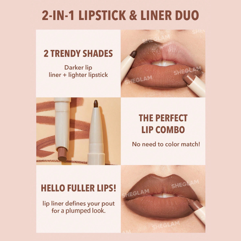 SHEGLAM Glam 101 Lipstick & Liner Duo – Praline Pie in matching nude shade, matte lipstick and smooth lip liner set for bold, defined lips
