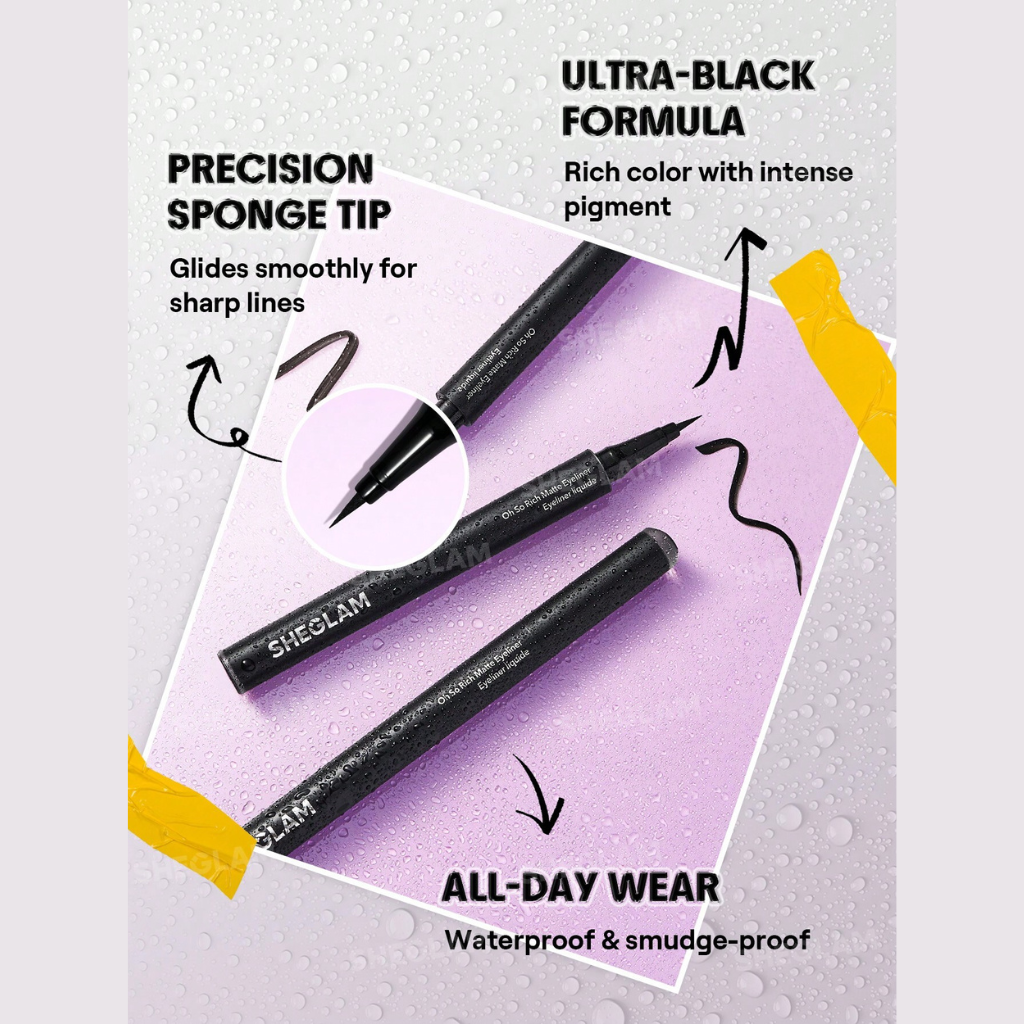 SHEGLAM Oh So Rich Matte Eyeliner – extreme matte, waterproof, smudge-proof liquid liner with precision tip
