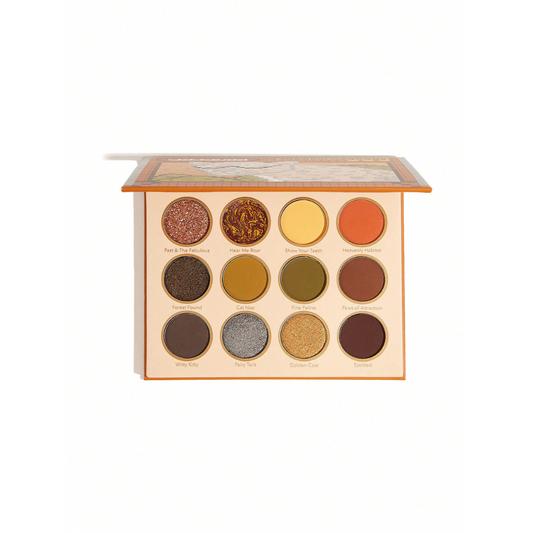 SHEGLAM Viva La Leopard Palette with 12 neutral, green, and yellow shades in matte, shimmer, and glitter finishes inside a leopard-inspired compact