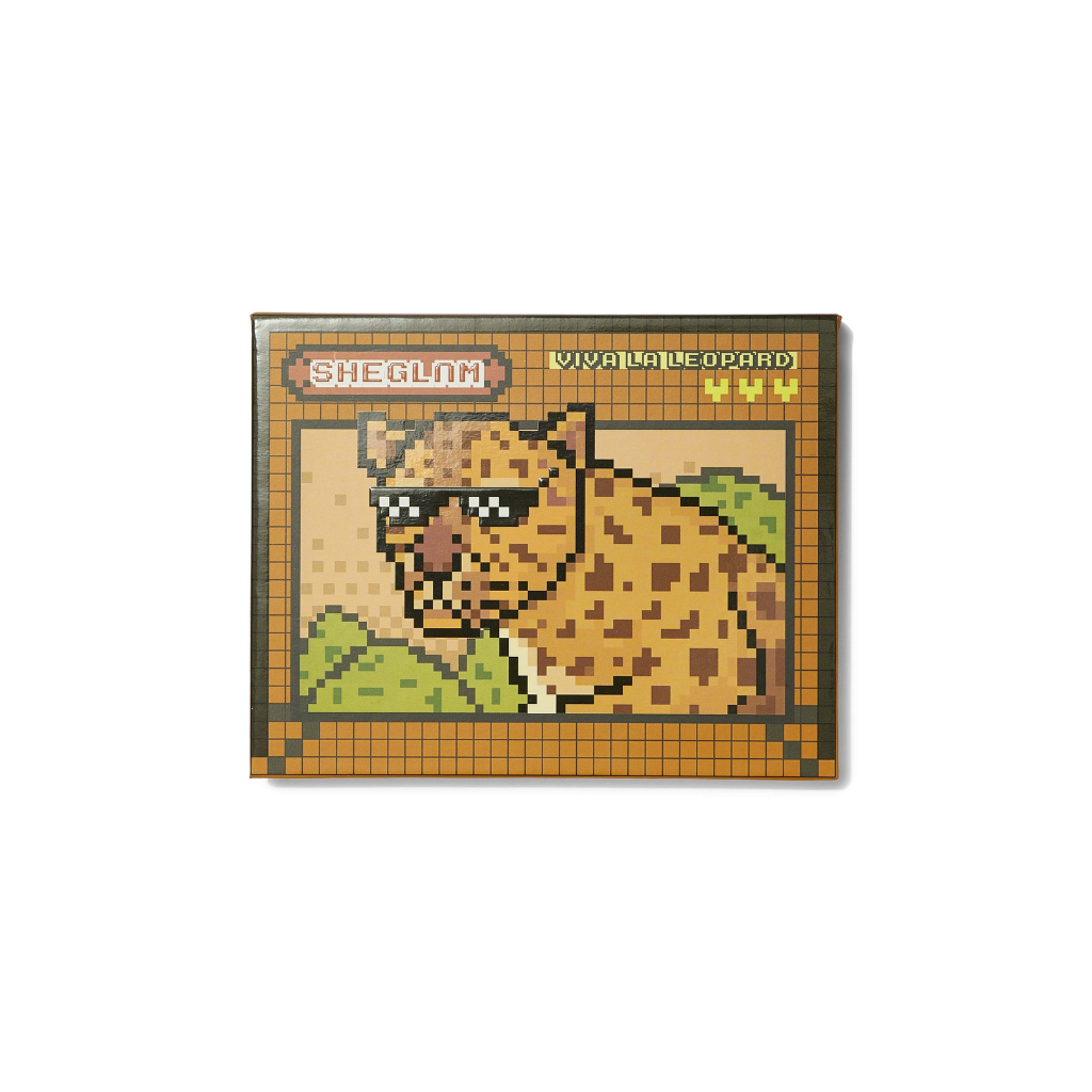 SHEGLAM Viva La Leopard Palette with 12 neutral, green, and yellow shades in matte, shimmer, and glitter finishes inside a leopard-inspired compact