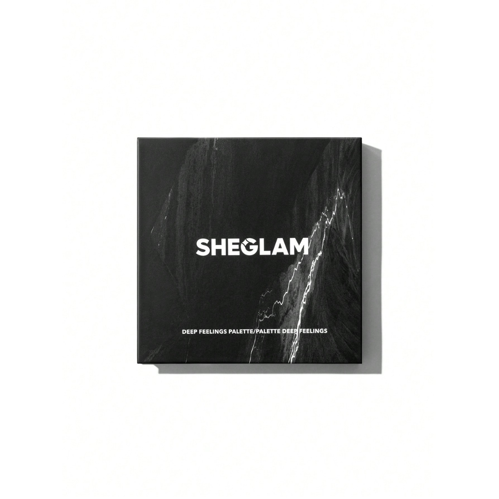SHEGLAM Deep Feelings Palette with 9 smoky shades in greys, silvers, browns, black and chrome blue, featuring matte, shimmer and glitter finishes
