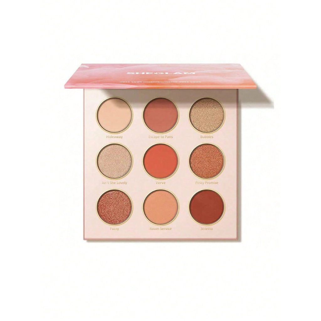 SHEGLAM Rose Code Eyeshadow Palette featuring 9 rose and peach shades in matte, shimmer and glitter finishes
