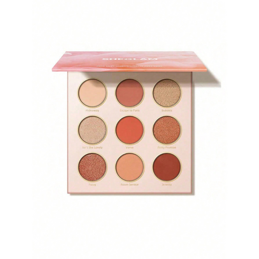 SHEGLAM Rose Code Eyeshadow Palette featuring 9 rose and peach shades in matte, shimmer and glitter finishes
